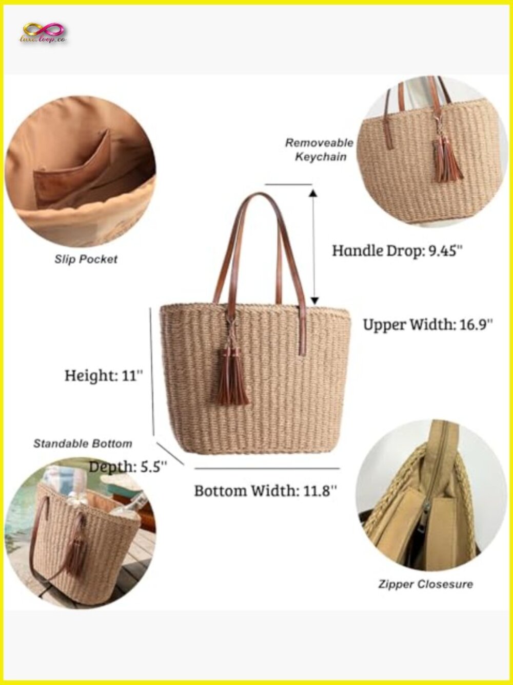 Straw Tote Bag Handwoven Summer Travel Shoulder Bag Midi Size Chic - Picture 5 of 7